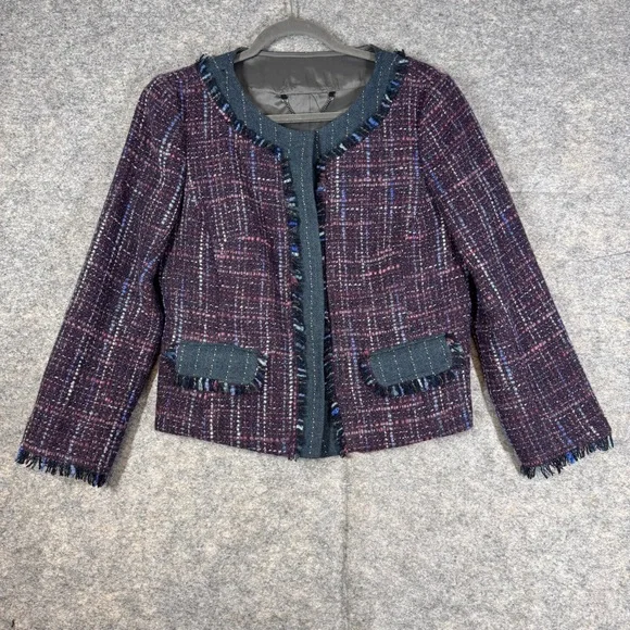 Trina Turk Tweed Jacket Multicolor Fringe Size 12 Career Chic Blazer Quiet Luxe - Picture 2 of 16